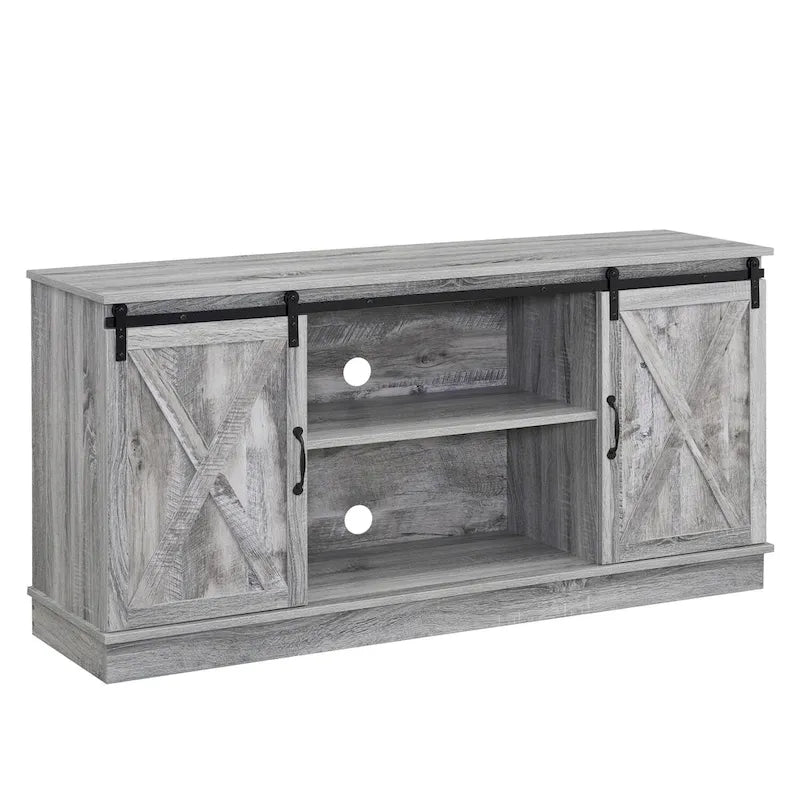 Meuble TV rustique en bois de ferme de 60 pouces avec console de rangement, meuble de divertissement avec portes coulissantes de style grange