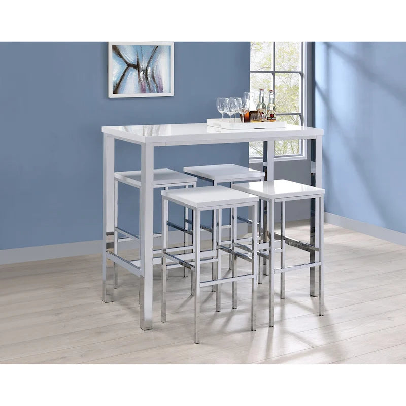 Ensemble de salle à manger 5 pièces, hauteur bar, blanc et chrome
