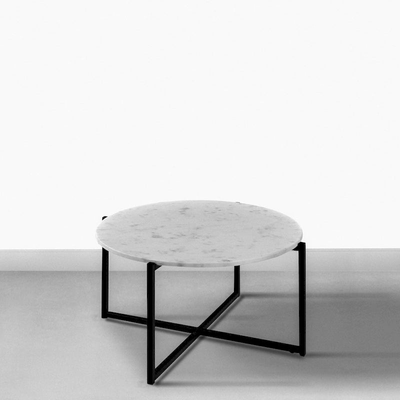 Table basse ronde Ivy de 30 pouces avec plateau en marbre et cadre en métal, blanc et noir