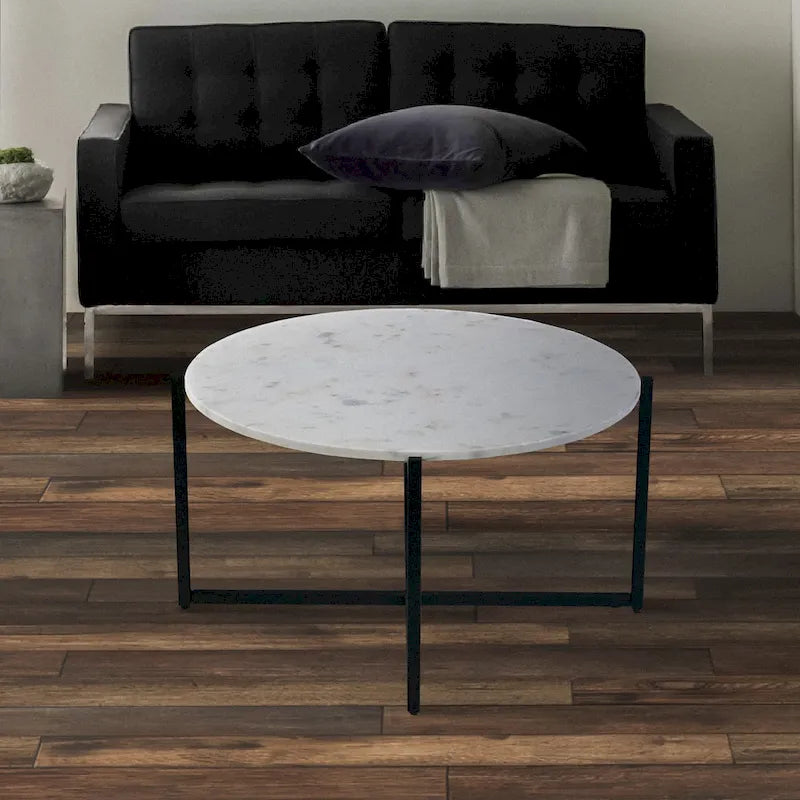 Table basse ronde Ivy de 30 pouces avec plateau en marbre et cadre en métal, blanc et noir