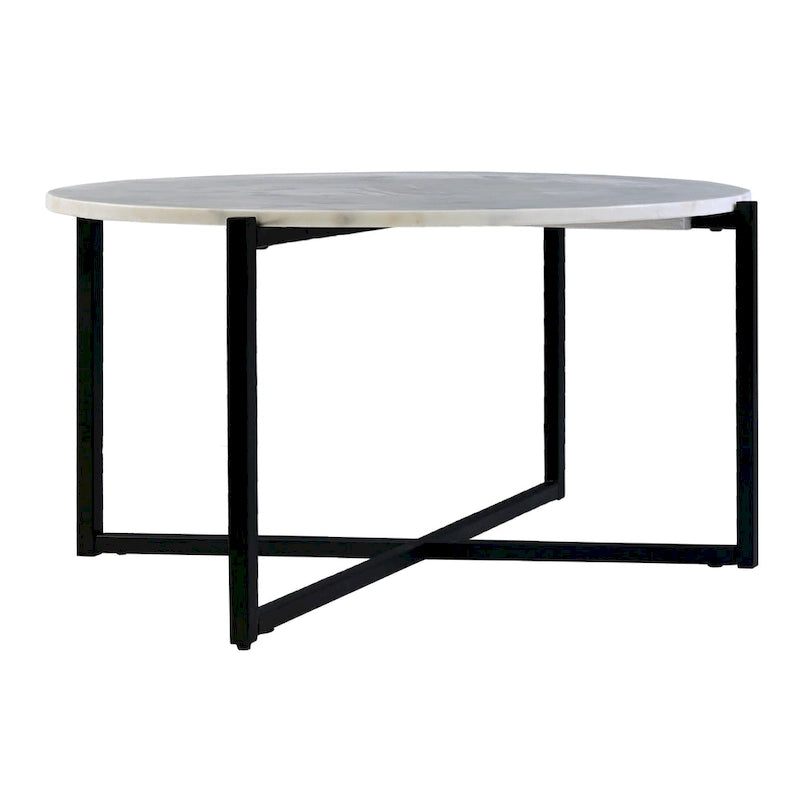 Table basse ronde Ivy de 30 pouces avec plateau en marbre et cadre en métal, blanc et noir