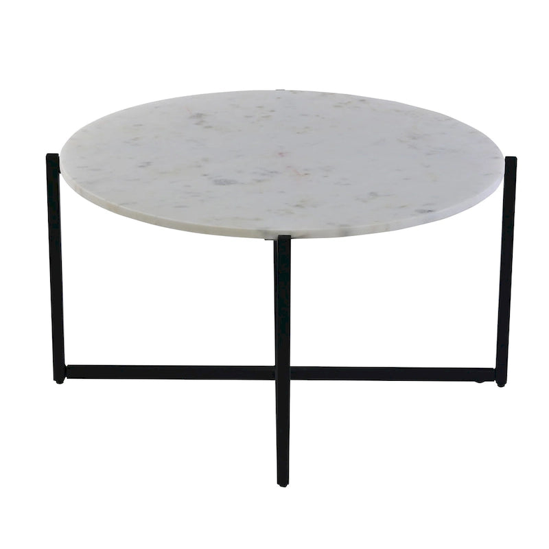 Table basse ronde Ivy de 30 pouces avec plateau en marbre et cadre en métal, blanc et noir