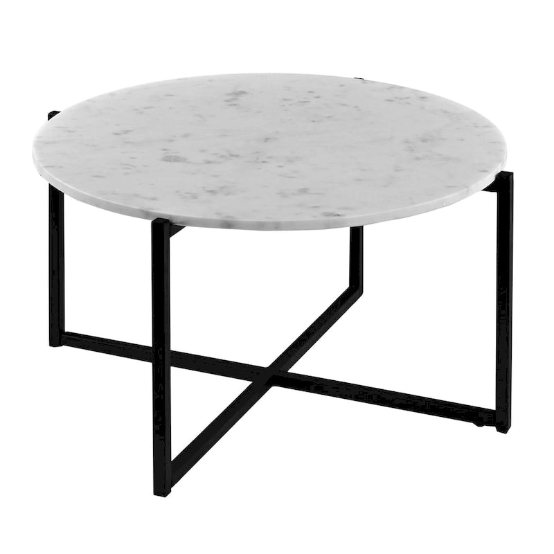 Table basse ronde Ivy de 30 pouces avec plateau en marbre et cadre en métal, blanc et noir