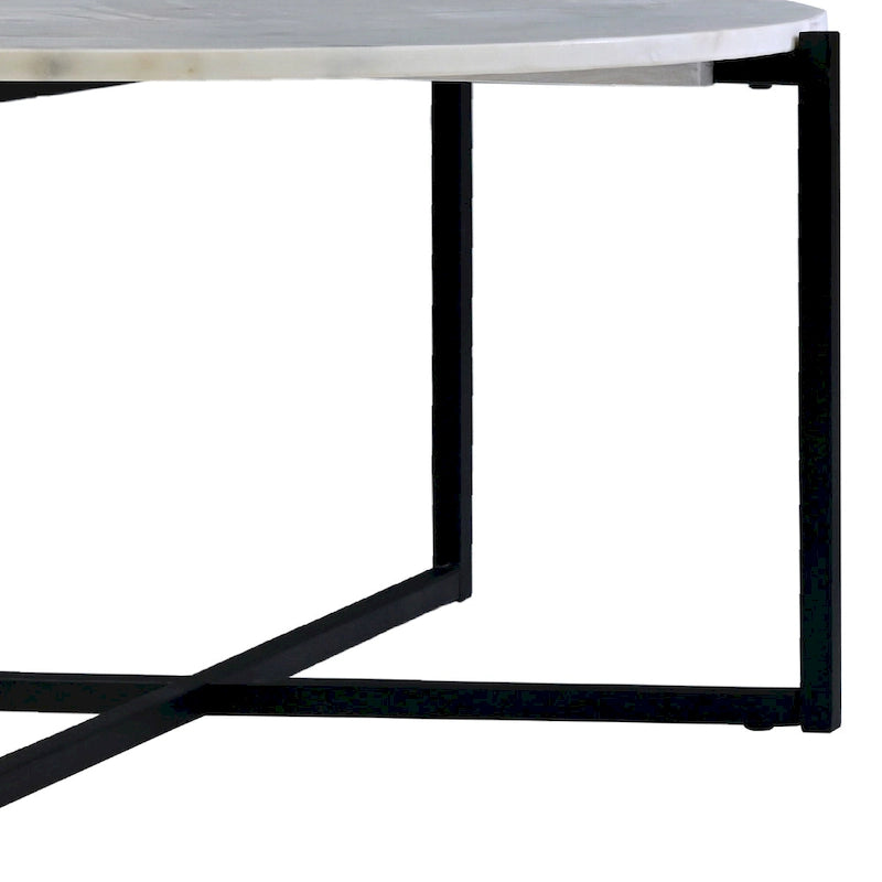 Table basse ronde Ivy de 30 pouces avec plateau en marbre et cadre en métal, blanc et noir