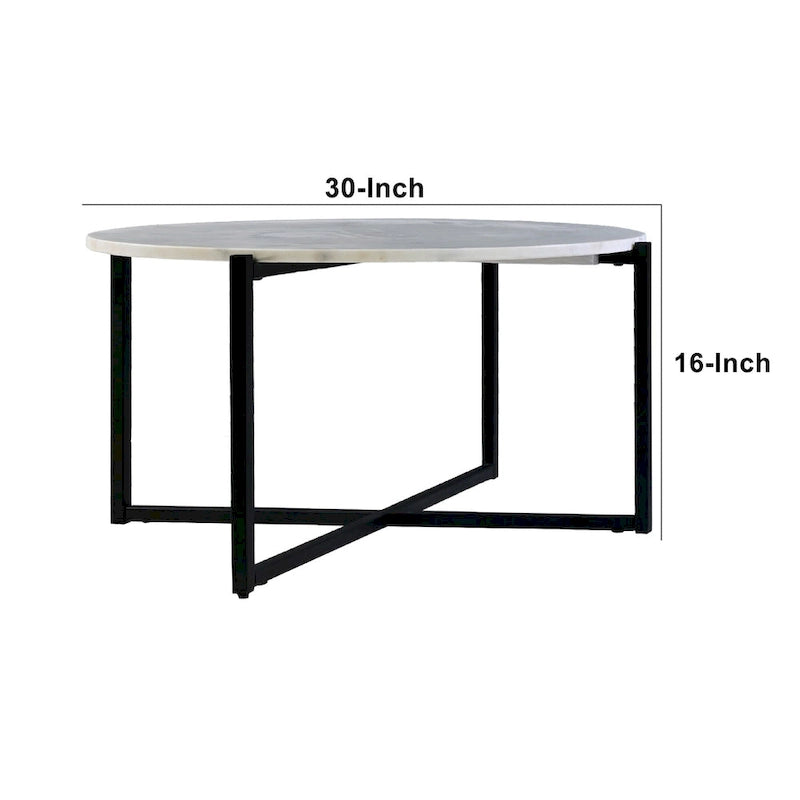 Table basse ronde Ivy de 30 pouces avec plateau en marbre et cadre en métal, blanc et noir
