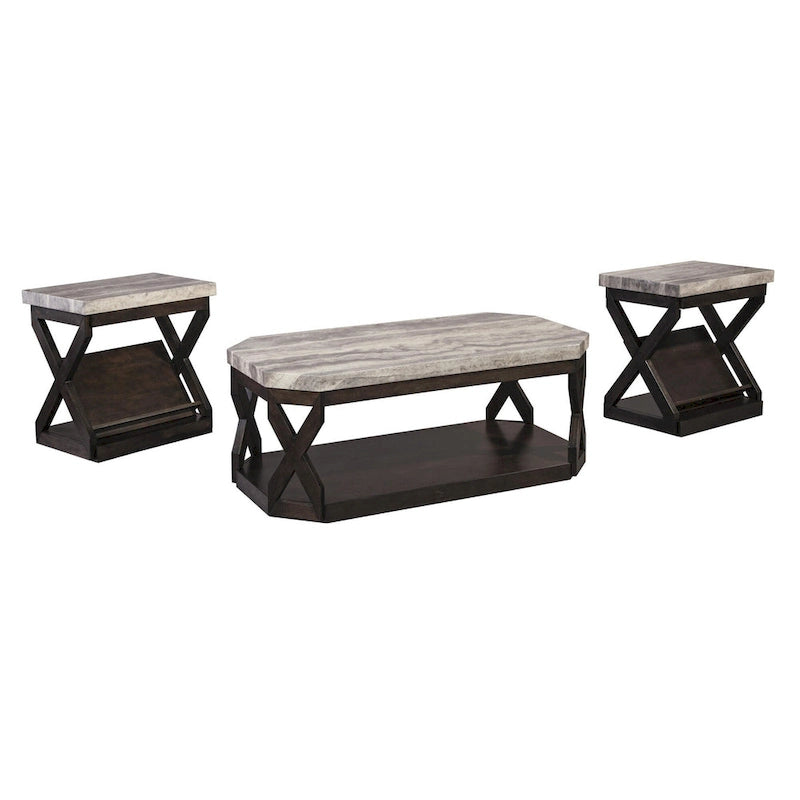 Ensemble de tables effet marbre comprenant 1 table basse et 2 tables d'appoint, gris et marron