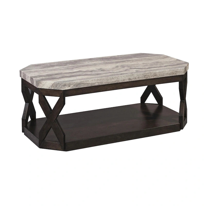 Ensemble de tables effet marbre comprenant 1 table basse et 2 tables d'appoint, gris et marron