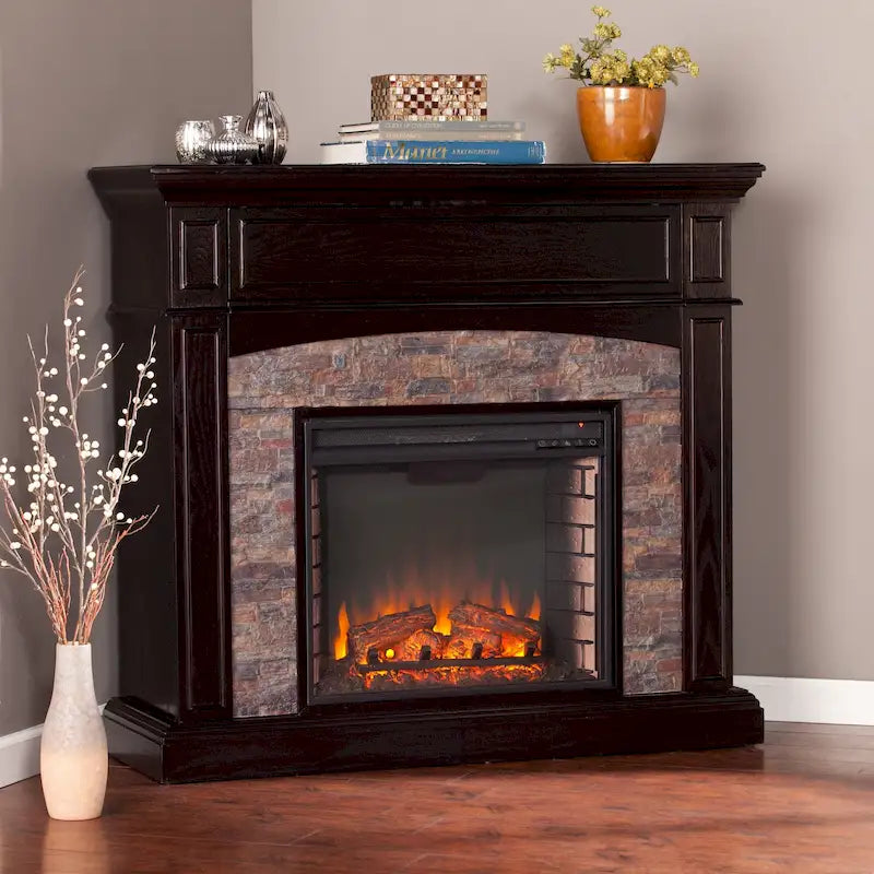 Cheminée électrique d'angle convertible avec meuble média et manteau en fausse pierre SEI Furniture Ebony