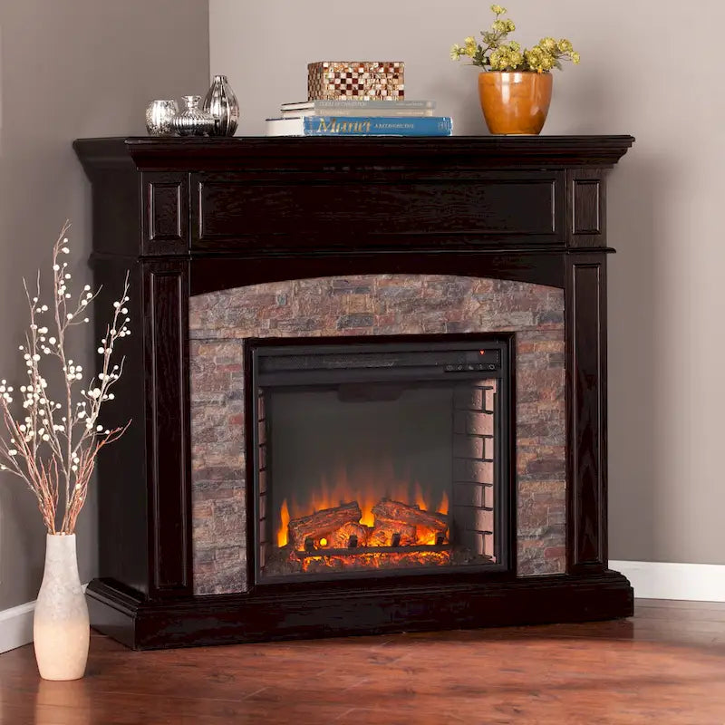 Cheminée électrique d'angle convertible avec meuble média et manteau en fausse pierre SEI Furniture Ebony