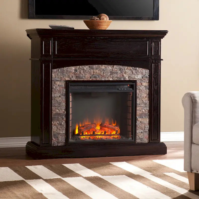 Cheminée électrique d'angle convertible avec meuble média et manteau en fausse pierre SEI Furniture Ebony