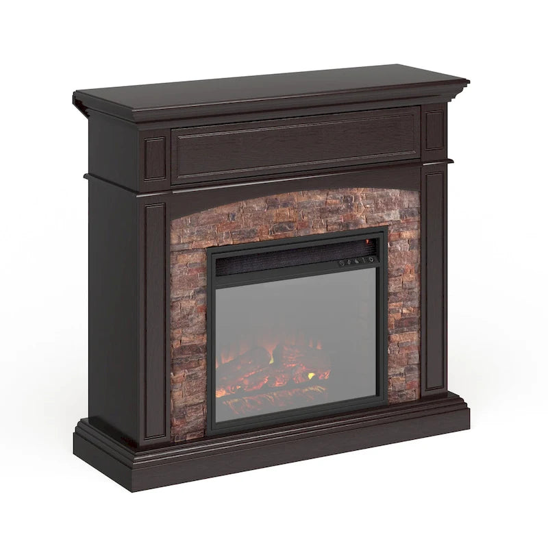 Cheminée électrique d'angle convertible avec meuble média et manteau en fausse pierre SEI Furniture Ebony