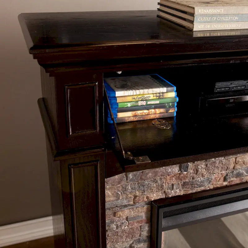 Cheminée électrique d'angle convertible avec meuble média et manteau en fausse pierre SEI Furniture Ebony