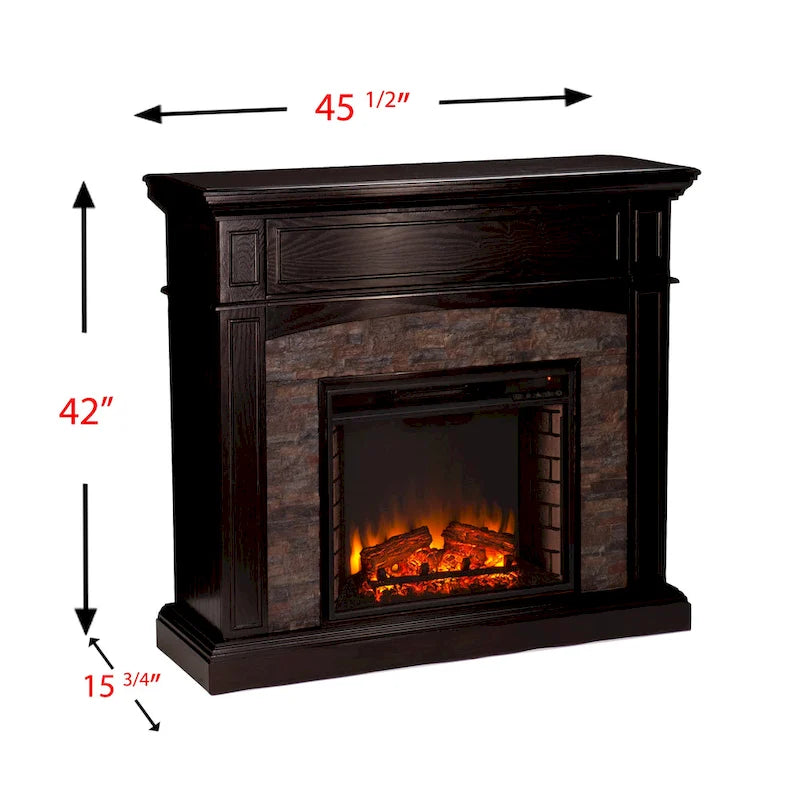Cheminée électrique d'angle convertible avec meuble média et manteau en fausse pierre SEI Furniture Ebony
