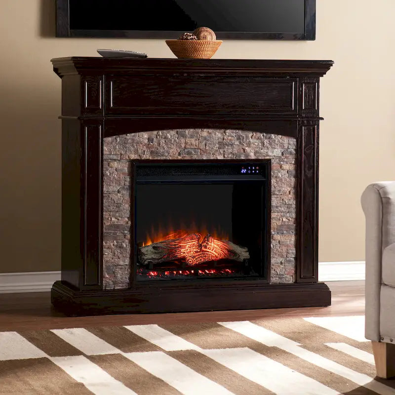 Cheminée électrique d'angle convertible avec meuble média et manteau en fausse pierre SEI Furniture Ebony
