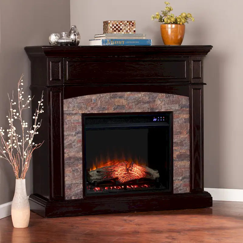 Cheminée électrique d'angle convertible avec meuble média et manteau en fausse pierre SEI Furniture Ebony