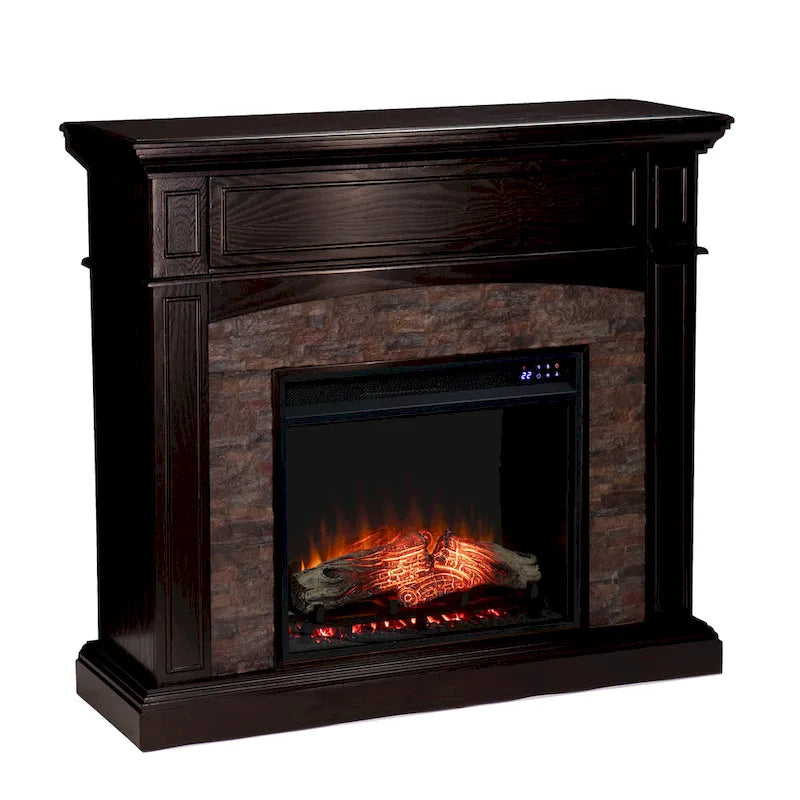 Cheminée électrique d'angle convertible avec meuble média et manteau en fausse pierre SEI Furniture Ebony