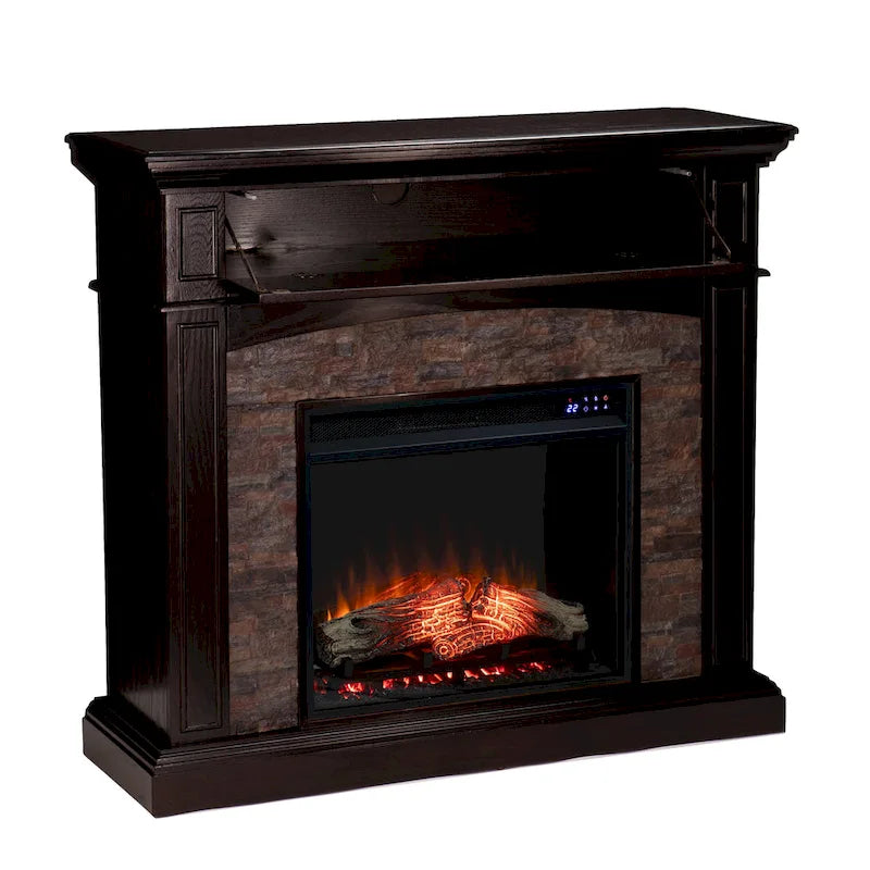 Cheminée électrique d'angle convertible avec meuble média et manteau en fausse pierre SEI Furniture Ebony