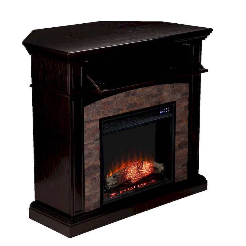 Cheminée électrique d'angle convertible avec meuble média et manteau en fausse pierre SEI Furniture Ebony