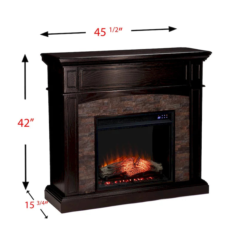 Cheminée électrique d'angle convertible avec meuble média et manteau en fausse pierre SEI Furniture Ebony