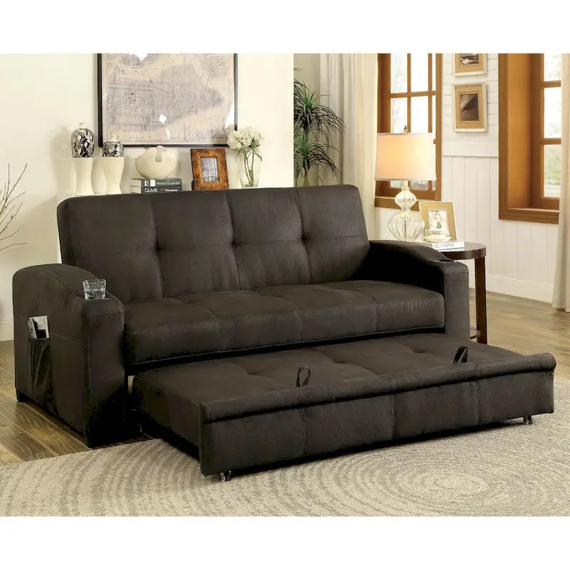 Canapé-lit futon de rangement touffeté en tissu marron Kore Transitional par Furniture of America