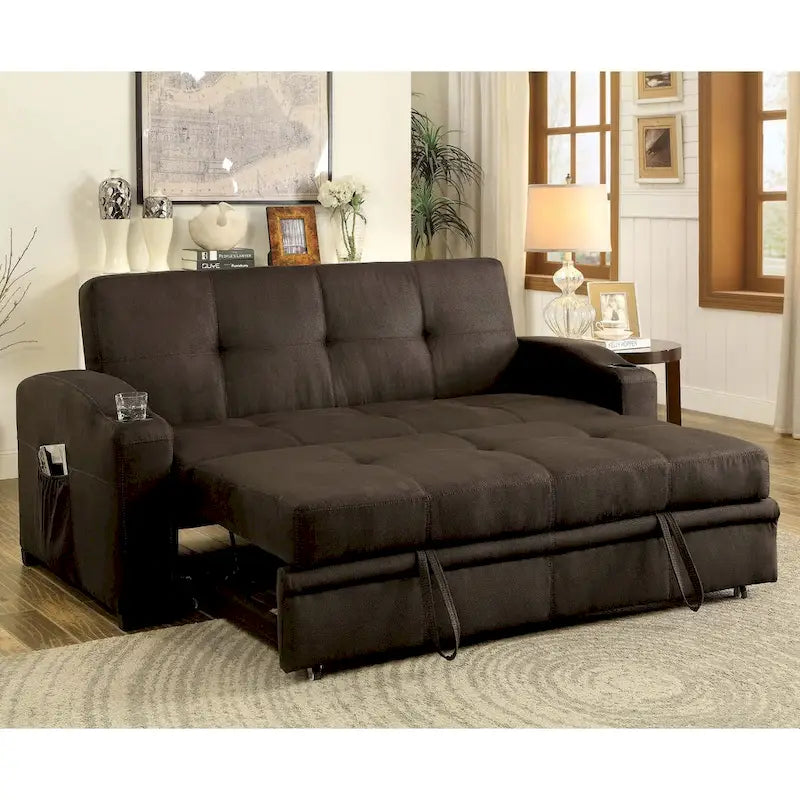 Canapé-lit futon de rangement touffeté en tissu marron Kore Transitional par Furniture of America