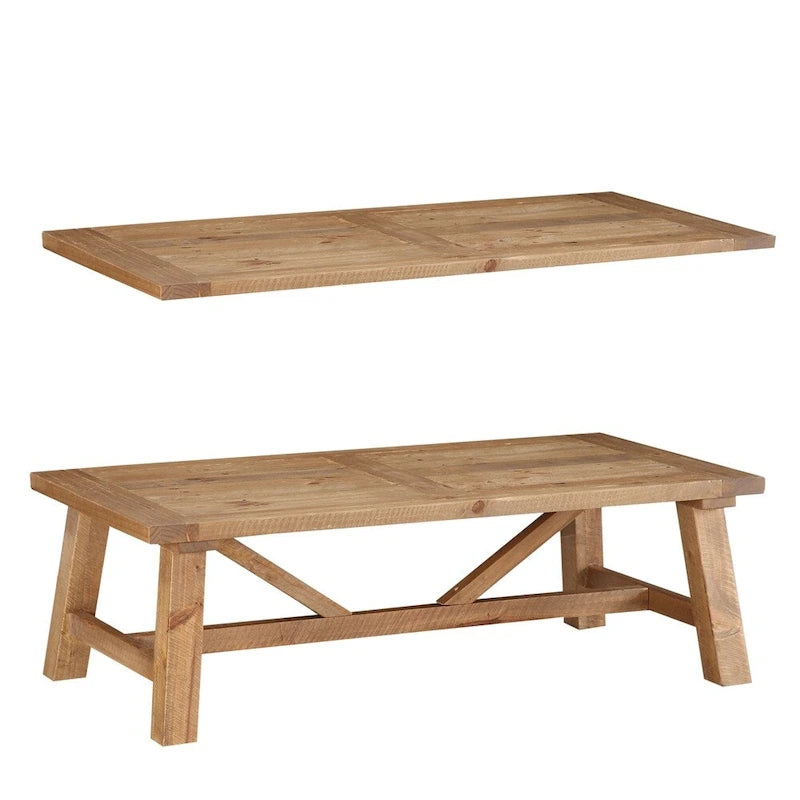 Table basse en pin avec piétement tréteau renforcé, marron