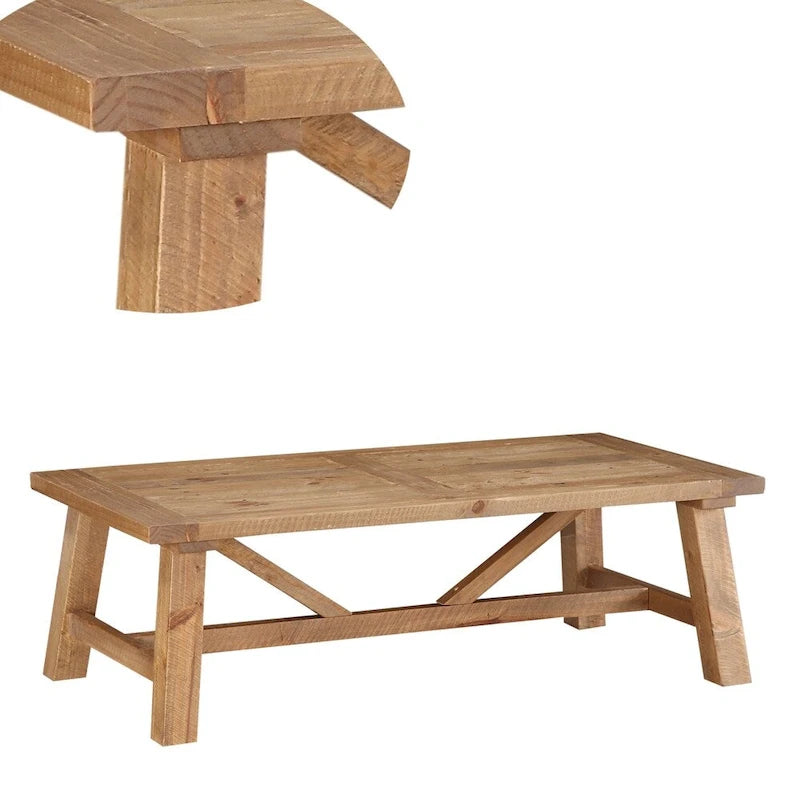 Table basse en pin avec piétement tréteau renforcé, marron