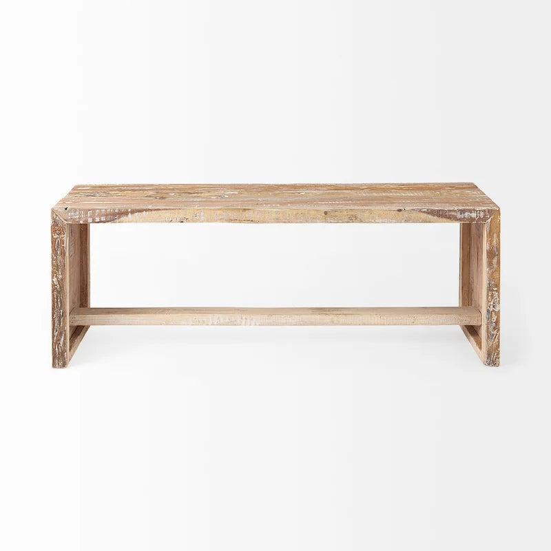 Banc Solveig en bois recyclé marron clair – 119 cm (L) x 33 cm (P) x 46 cm (H)