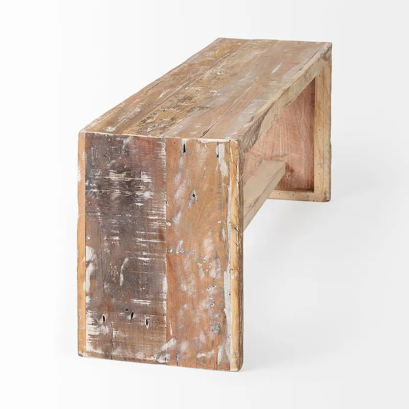 Banc Solveig en bois recyclé marron clair – 119 cm (L) x 33 cm (P) x 46 cm (H)
