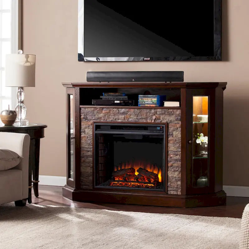 SEI Furniture Hermon Faux Stone Electric Fireplace Corner Media TV Stand for TV's up to 50