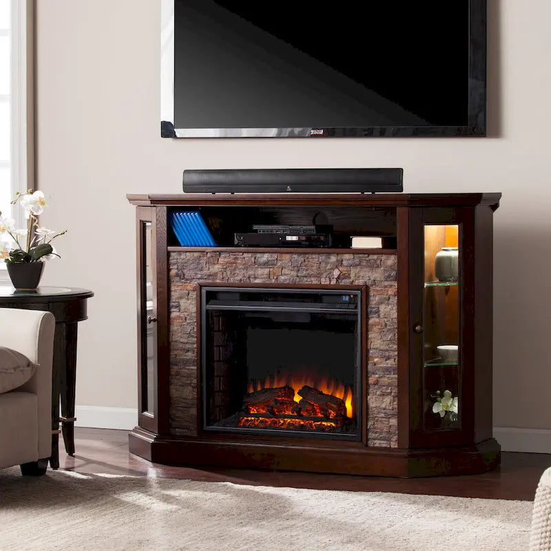 Meuble TV d'angle pour téléviseurs jusqu'à 50 pouces avec cheminée électrique effet pierre Hermon de SEI Furniture