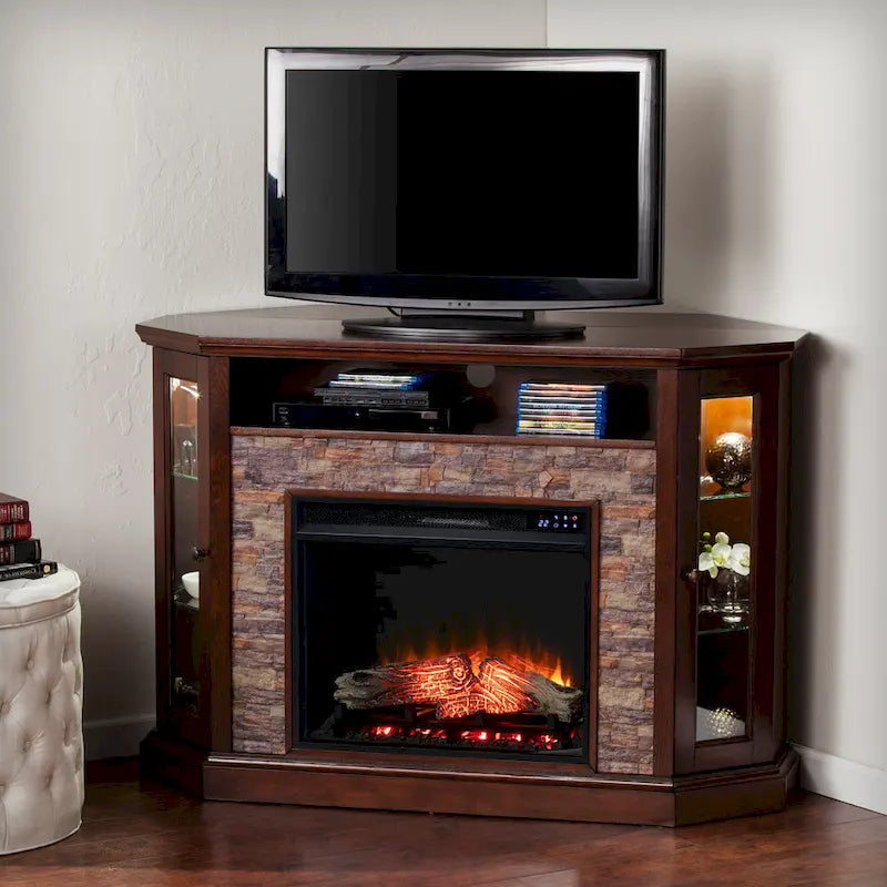 Meuble TV d'angle pour téléviseurs jusqu'à 50 pouces avec cheminée électrique effet pierre Hermon de SEI Furniture