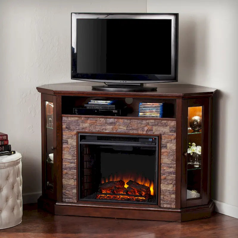 Meuble TV d'angle pour téléviseurs jusqu'à 50 pouces avec cheminée électrique effet pierre Hermon de SEI Furniture