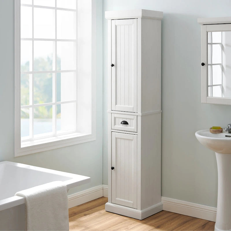Meuble haut de rangement en lin Crosley Seaside, blanc vieilli