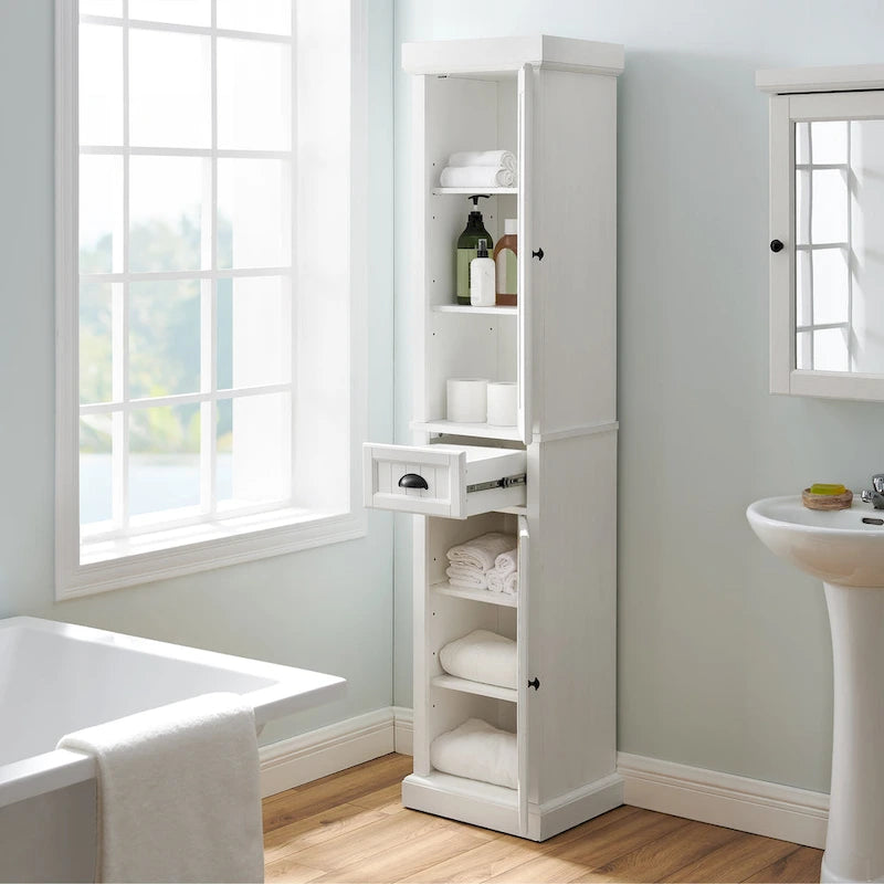 Meuble haut de rangement en lin Crosley Seaside, blanc vieilli
