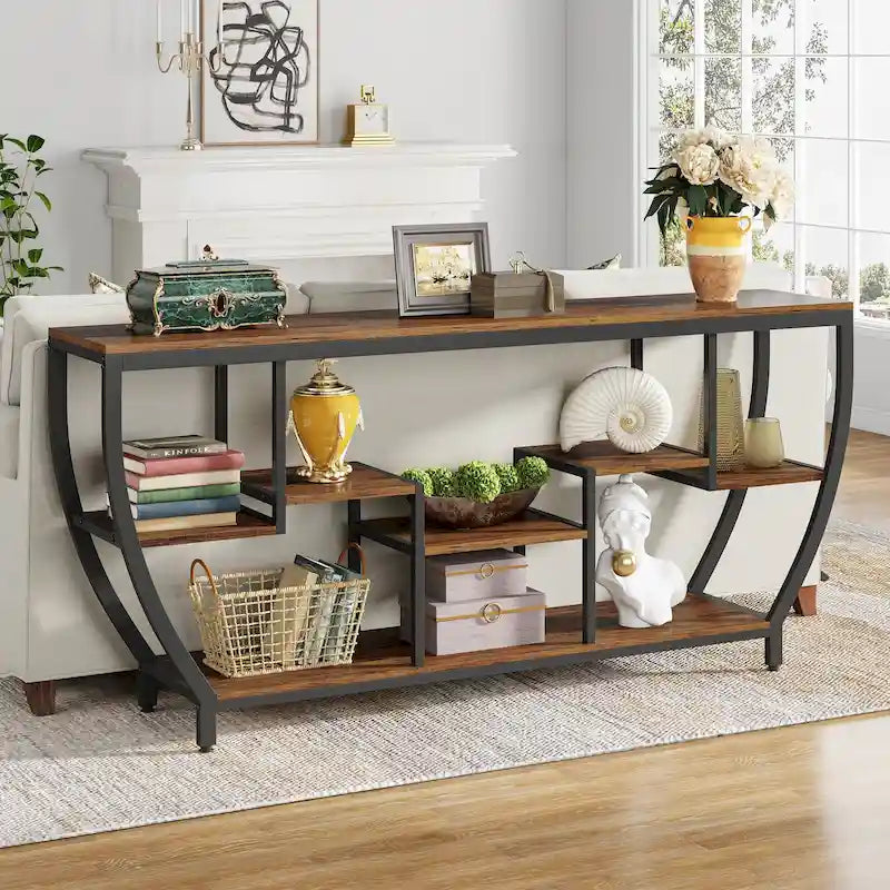 Table console extra longue de 180 cm avec étagères, table console de canapé
