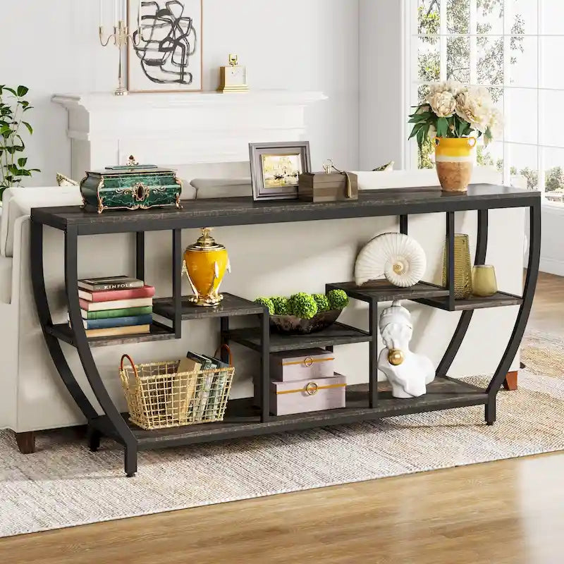 Table console extra longue de 180 cm avec étagères, table console de canapé