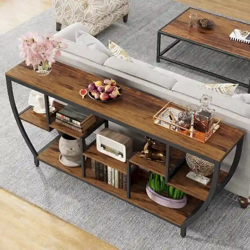 Table console extra longue de 180 cm avec étagères, table console de canapé