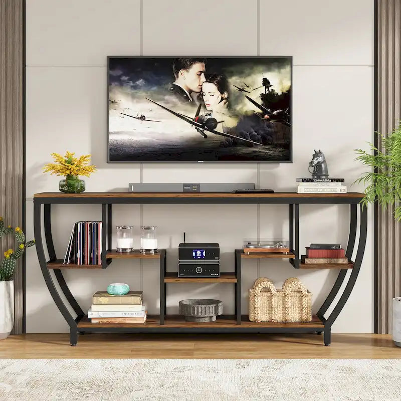 Table console extra longue de 180 cm avec étagères, table console de canapé