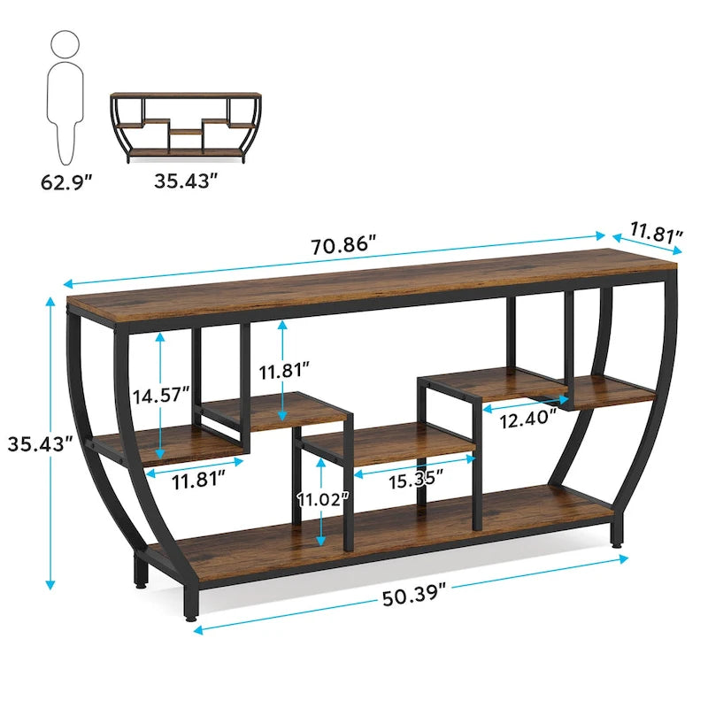 Table console extra longue de 180 cm avec étagères, table console de canapé