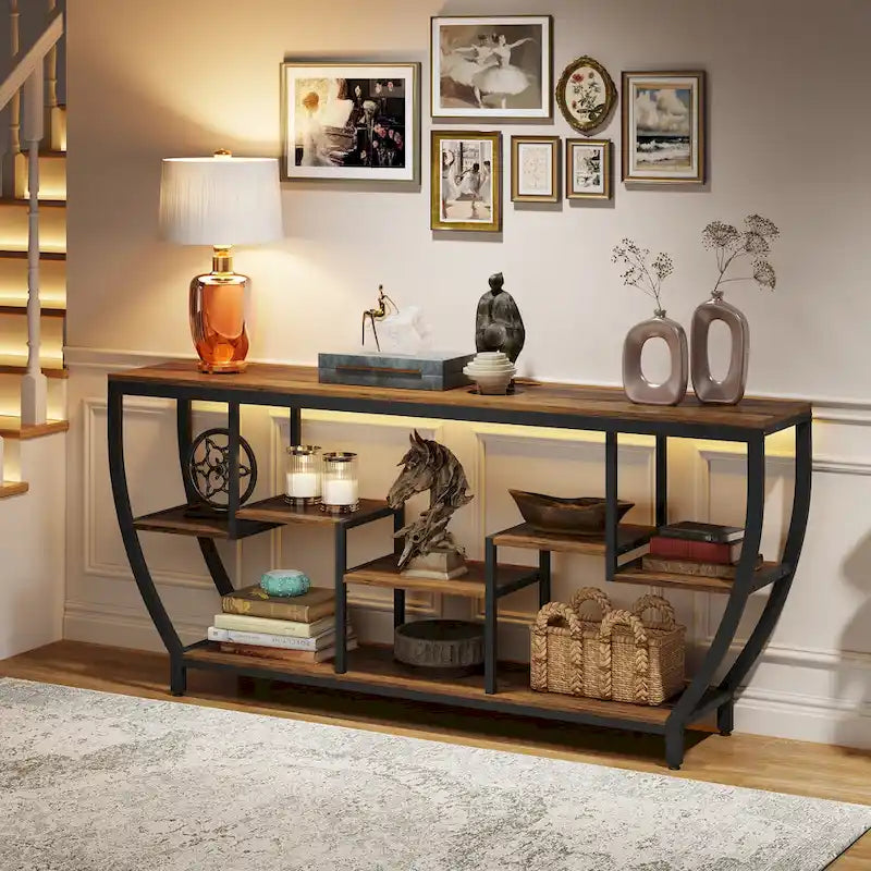 Table console extra longue de 180 cm avec étagères, table console de canapé