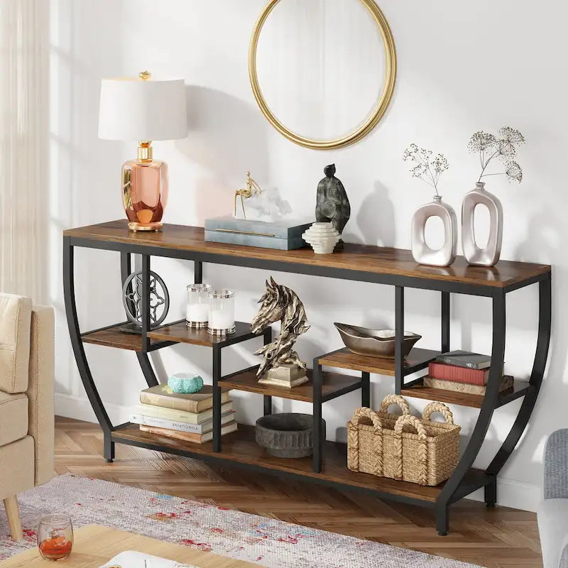Table console extra longue de 180 cm avec étagères, table console de canapé