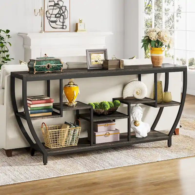 Table console extra longue de 180 cm avec étagères, table console de canapé