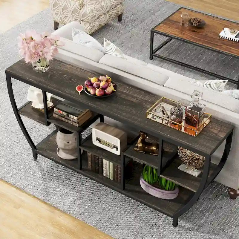 Table console extra longue de 180 cm avec étagères, table console de canapé