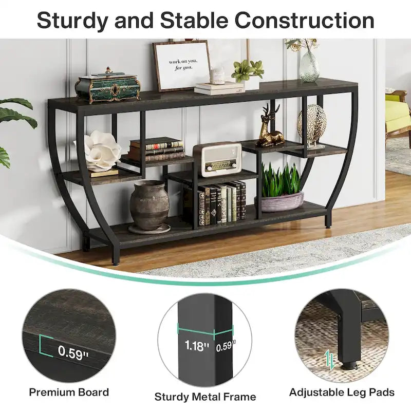 Table console extra longue de 180 cm avec étagères, table console de canapé