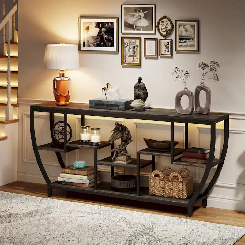 Table console extra longue de 180 cm avec étagères, table console de canapé
