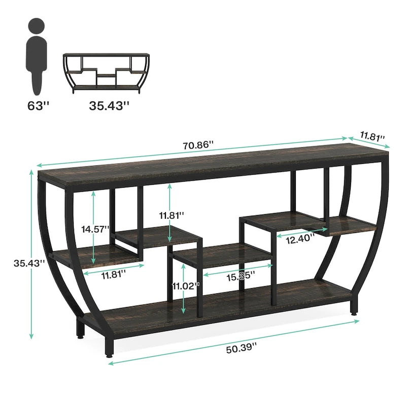 Table console extra longue de 180 cm avec étagères, table console de canapé