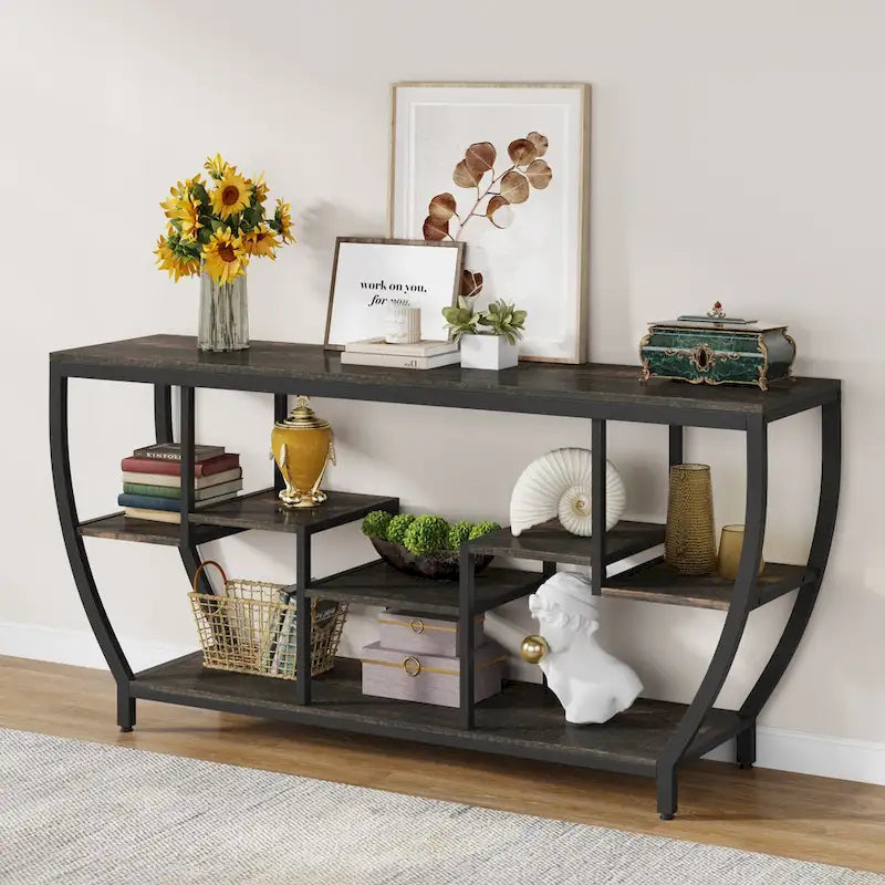 Table console extra longue de 180 cm avec étagères, table console de canapé