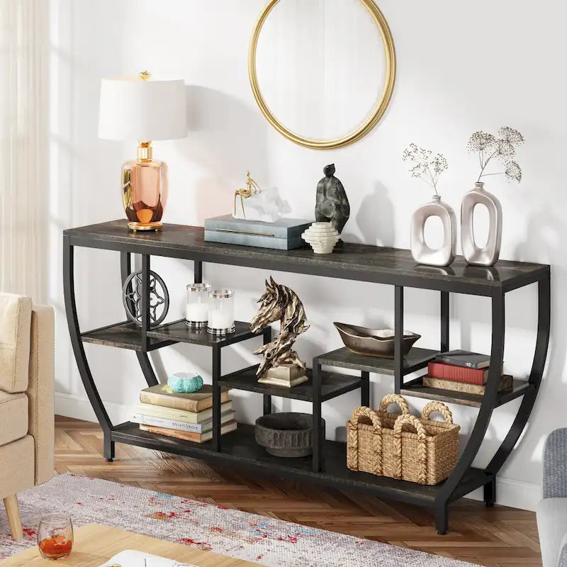 Table console extra longue de 180 cm avec étagères, table console de canapé
