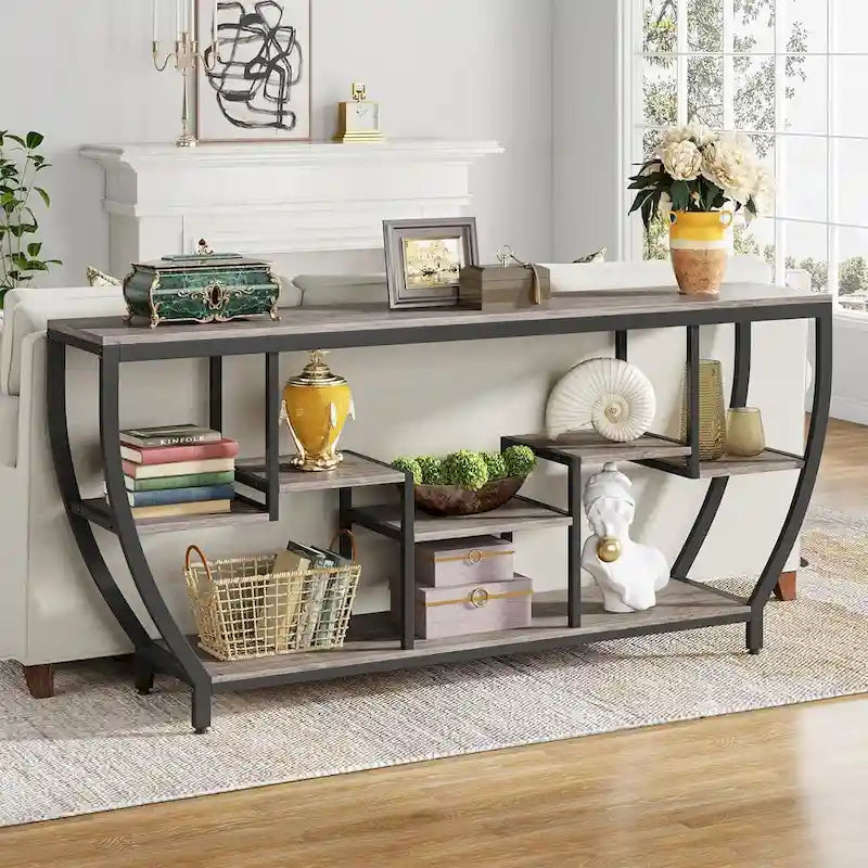 Table console extra longue de 180 cm avec étagères, table console de canapé